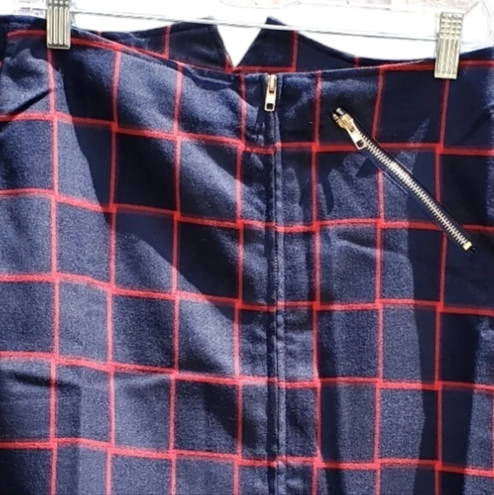 Uniq Plaid Navy Red Golden‎ Zipup Dressy Mini Skirt Large NWT